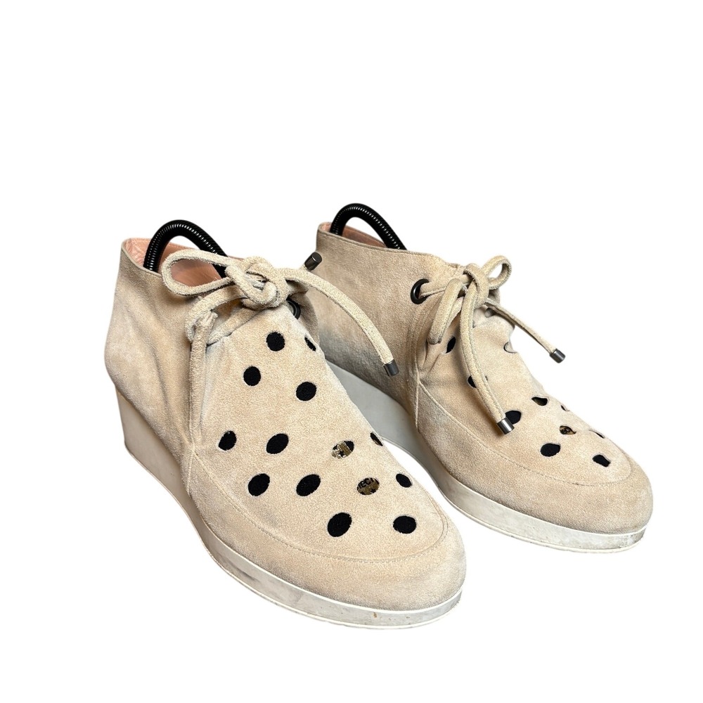 Robert Clergerie Nadine Beige Suede Perforated Lace Up Wedge Bootie Women 8.5 US